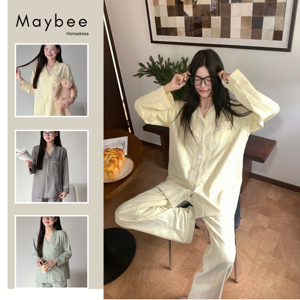 MB-SET-020 Bộ đồ ngủ kẻ nét đứt màu pastel viền né trắng Maybee Homedress | BigBuy360 - bigbuy360.vn