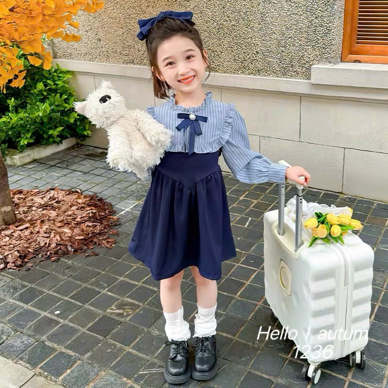 Váy bé gái- váy bé gái dài tay dáng xòe đính nơ cho bé gái từ 1 tuổi đến 5 tuổi