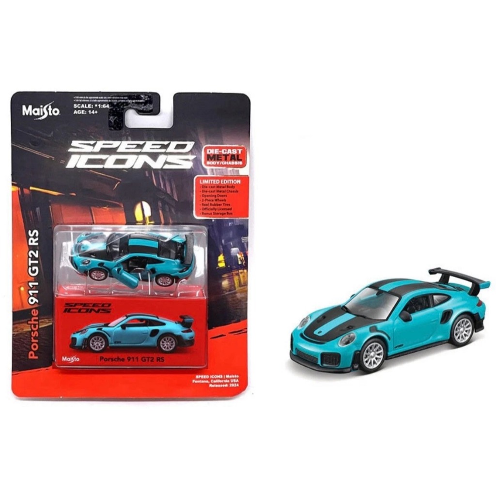 Mô hình xe Porsche 911 GT2 RS Miami blue dòng Speed Icon bằng kim loại tỉ lệ 1:64 Maisto 15707