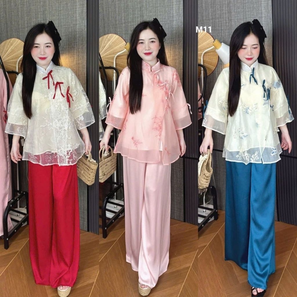 Bo thiet ke Sét áo voan thêu nổi đính nơ cao cấp quần tuyết nhung phom rộng M11 Xinh lung linh Anhmi