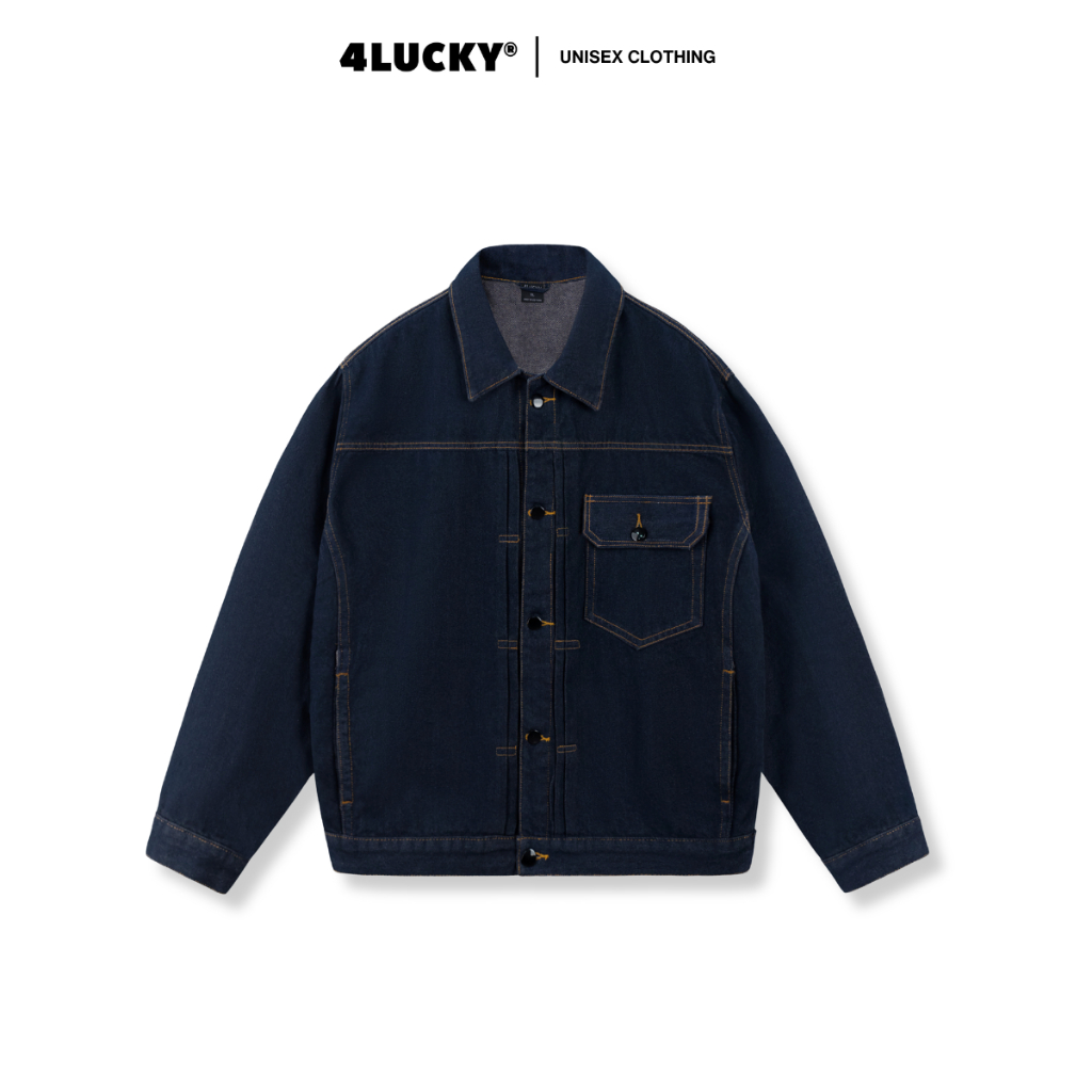 Áo Khoác Jean Nam 4LUCKY 6132, Áo Jean Nam Nữ Form Boxy Màu Indigo