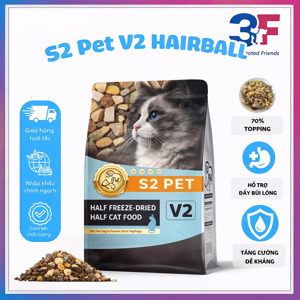 Hạt Mèo S2PET V2 – 55% Topping Thịt Tươi – Đạm Cao – Bóng Lông | 3FStore