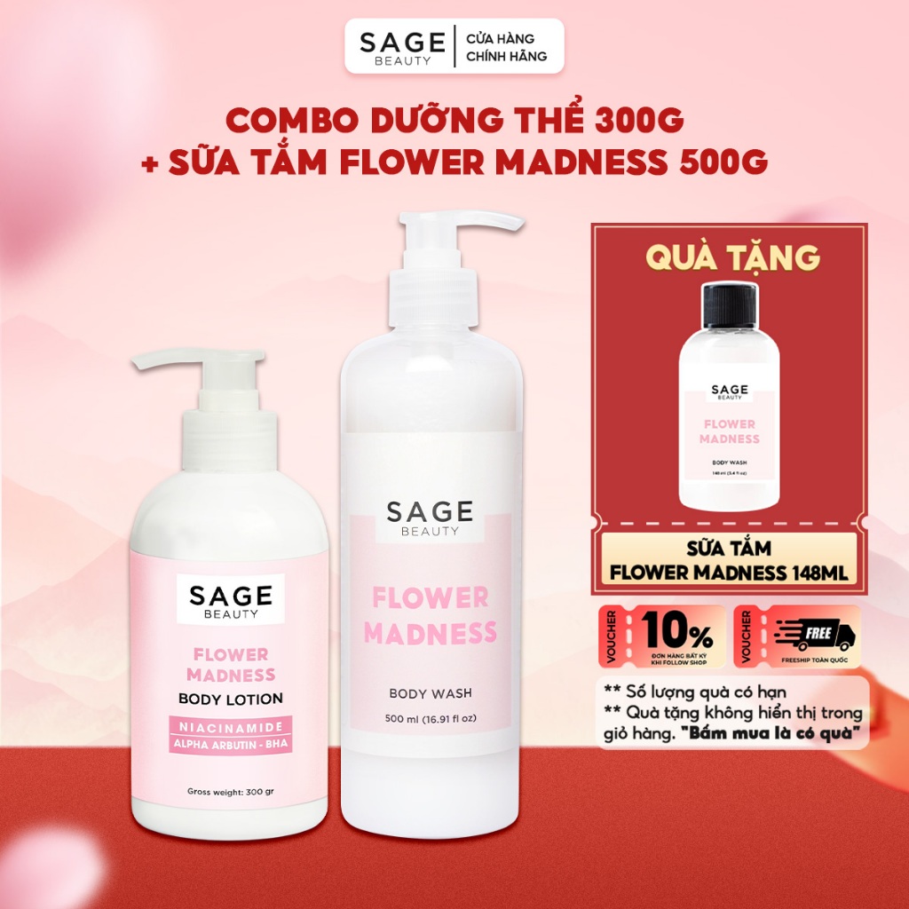 Combo Sữa Dưỡng Thể Sáng Da SAGE BEAUTY 300gr & Sữa Tắm Hương Nước Hoa SAGE BEAUTY 500ml