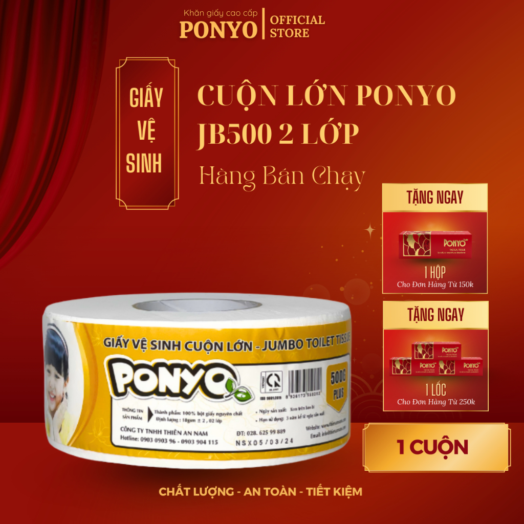 Giấy Vệ Sinh Cuộn Lớn PONYO JB500 2 Lớp Mềm Mịn Hoạ Tiết Caro 500g