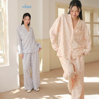 VIBES Pijama dài tay phom rộng Freesize 45-65kg chất liệu đũi cotton họa tiết Long Sleeve Set mặc nhà, đi chơi