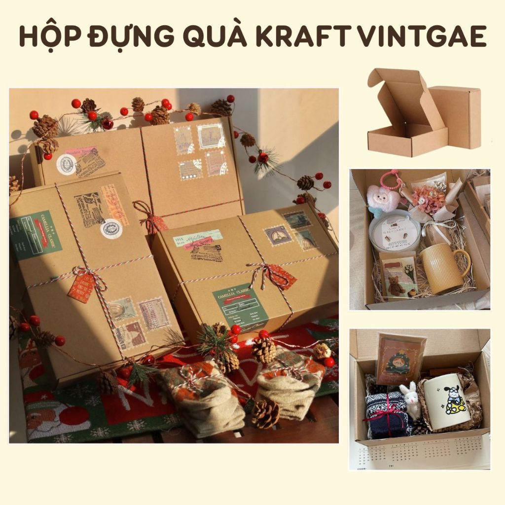 Hộp đựng quà giày dép phụ kiện carton nắp gài 30x20x10cm giấy kraft trơn đựng quà sinh nhật giáng sinh Happy Birds