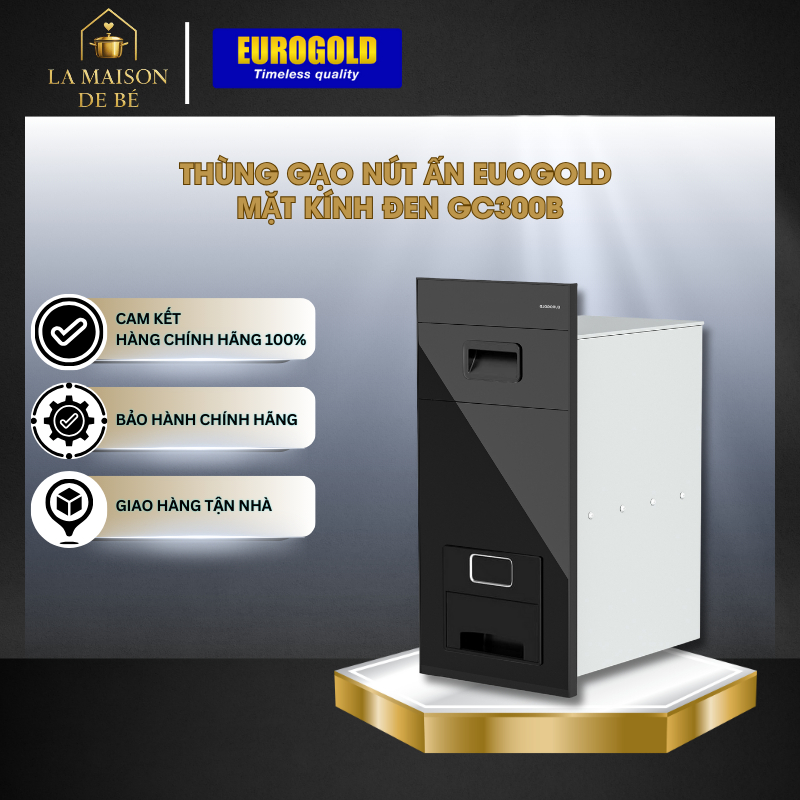 Thùng Gạo Gương Nút Nhấn Màu Đen Eurogold GC300B – Dung Tích 15kg – Thiết Kế Lắp Âm Gọn Gàng​ - LMS