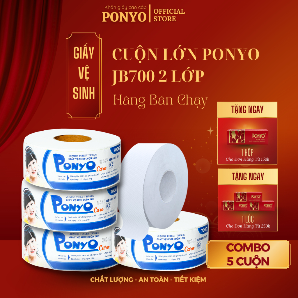 Combo 5 cuộn Giấy vệ sinh cuộn lớn PONYO JB700 2 lớp hoạ tiết caro/trơn 700g -Thiên An Nam paper