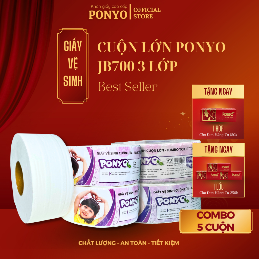 Combo 5 Cuộn Giấy Vệ Sinh Cuộn Lớn Cao Cấp, Siêu Dày, Tan Nhanh PONYO JB700 3 lớp 700g