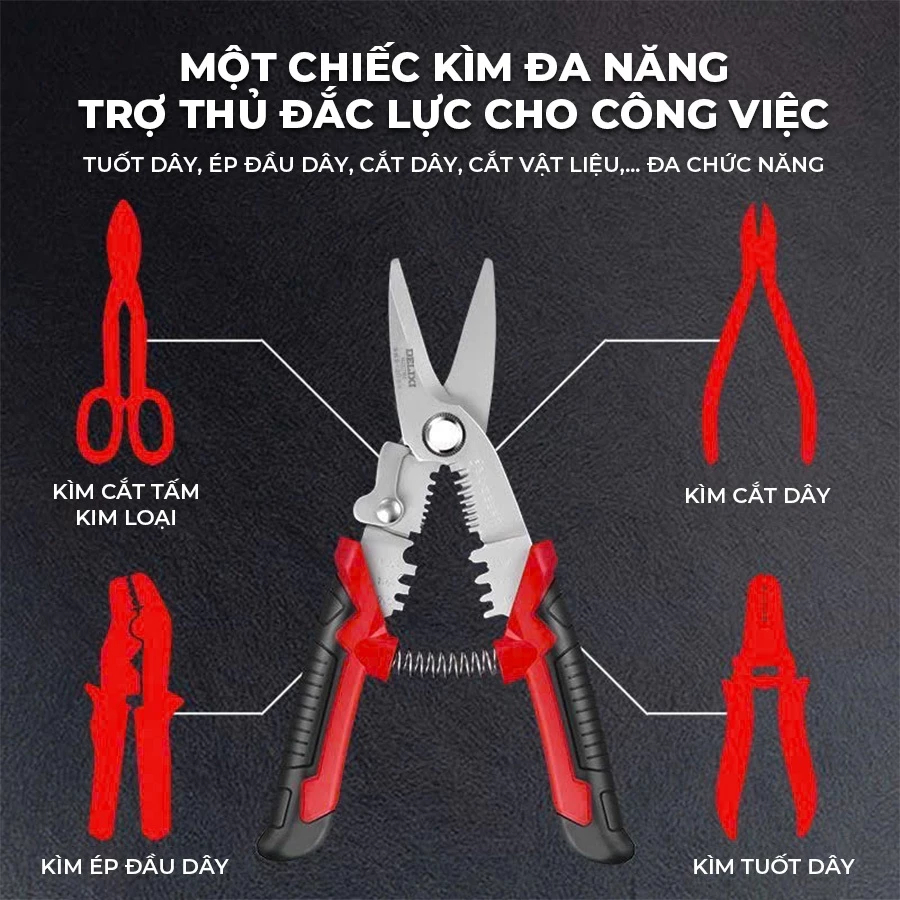 [Top Value] Kìm Tuốt Dây Điện, Dây Cos Đa Năng Delixi Kết Hợp Uốn, Cắt, Bấm, Tách Dây