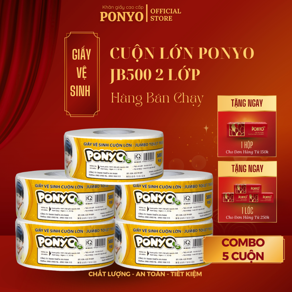 Combo 5 Cuộn Giấy Vệ Sinh Cuộn Lớn Ponyo JB500 2 Lớp Hoạ Tiết Caro 500g
