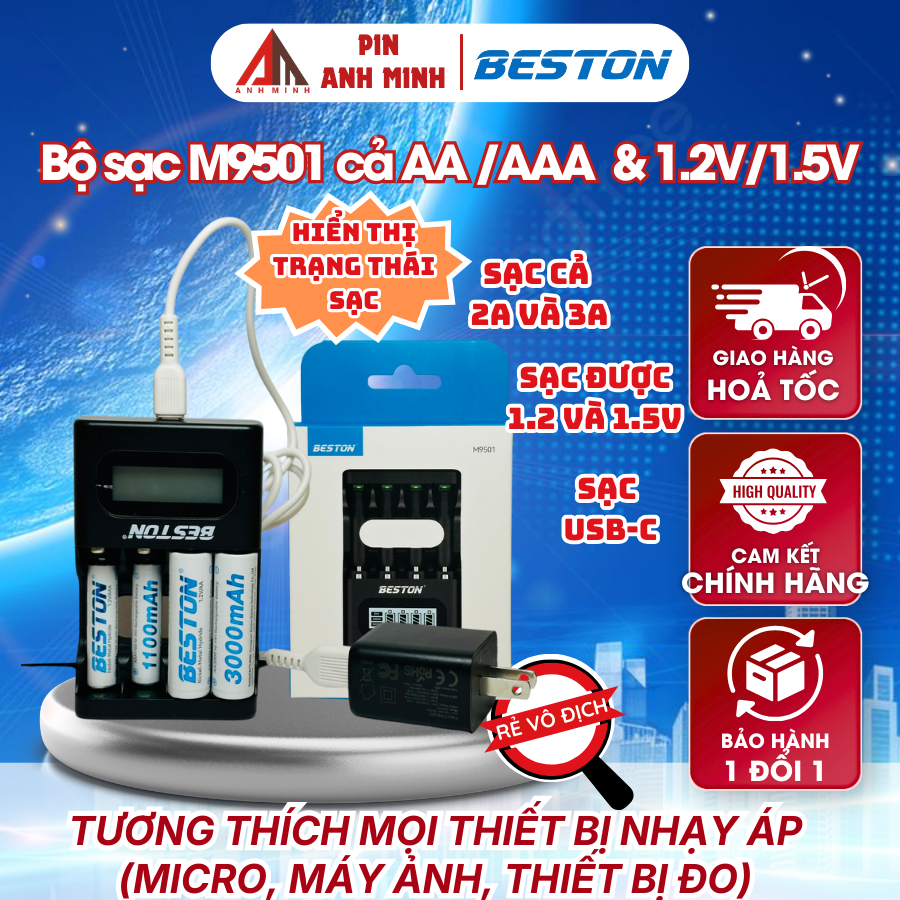 Bộ sạc pin Beston M9501 sạc cho cả pin AA và AAA pin Ni-MH 1.2V và Li-ion 1.5V