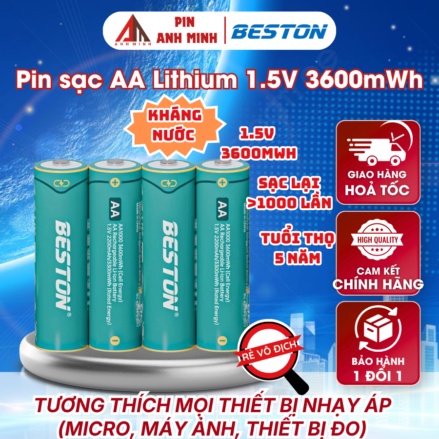 Pin sạc AA Beston Lithium 1.5V dung lượng cao 3600mWh, điện áp ổn định, tương thích mọi thiết bị