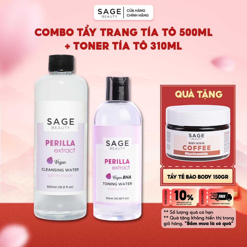 Combo Nước Tẩy Trang Thuần Chay Sage Beauty 500ml & Nước Hoa Hồng Thuần Chay 310ml