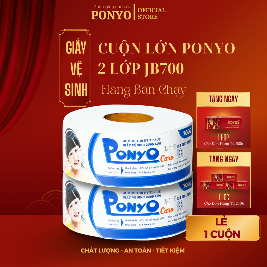 Giấy vệ sinh cuộn lớn siêu mịn PONYO JB700 2 lớp chất lượng cao hoạ tiết lụa/caro 700g - Thiên An Na