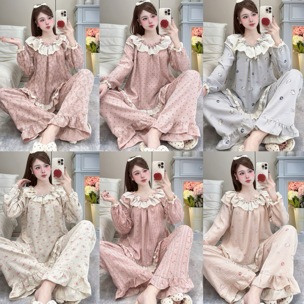 [DEAL MỞ BÁN] Bộ Đồ Ngủ Nữ JUSOKA Pijama Chất Liệu Đũi Vân Mây Cổ Viền Ren Tròn Đính Nơ Mềm Mịn DU42