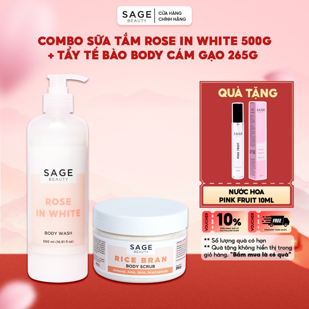 Combo Sữa Tắm Hương Nước Hoa SAGE BEAUTY 500ml & Tẩy Tế Bào Chết Cơ Thể 265gr