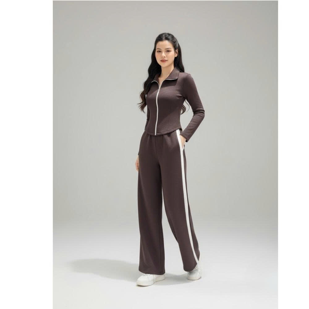 Bộ quần áo nỉ nữ Format áo cổ bẻ half zip quần ống suông thiết kế basic thời trang