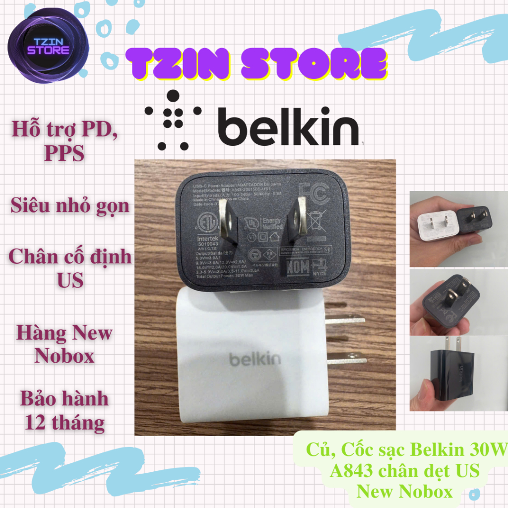 Củ, Cốc sạc nhanh Belkin 30W chân dẹt cố định hỗ trợ PD, PPS