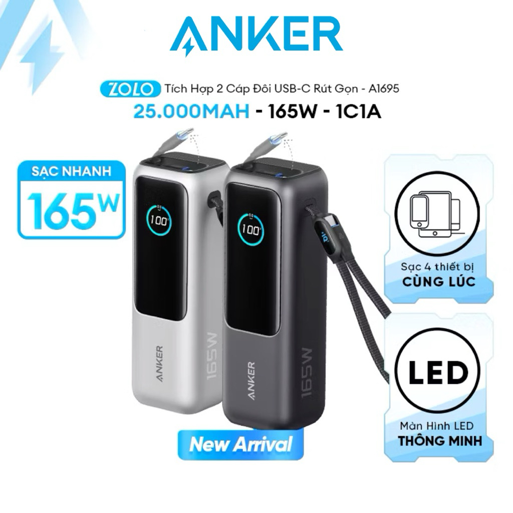 Sạc dự phòng 25000mAh Anker Zolo 165W có cáp USB-C tích hợp có thể thu gọn - A1695