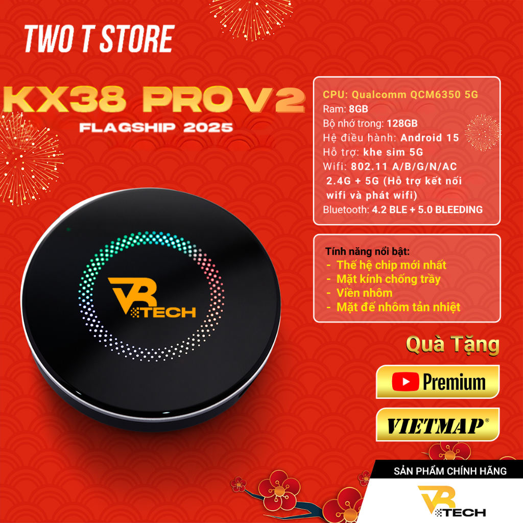 Android Box Ô Tô Chính Hãng VRTECH KX-38 Pro V2  FLAGSHIP 2026 Qualcomm 6350, Android 15,Vietmap Liv