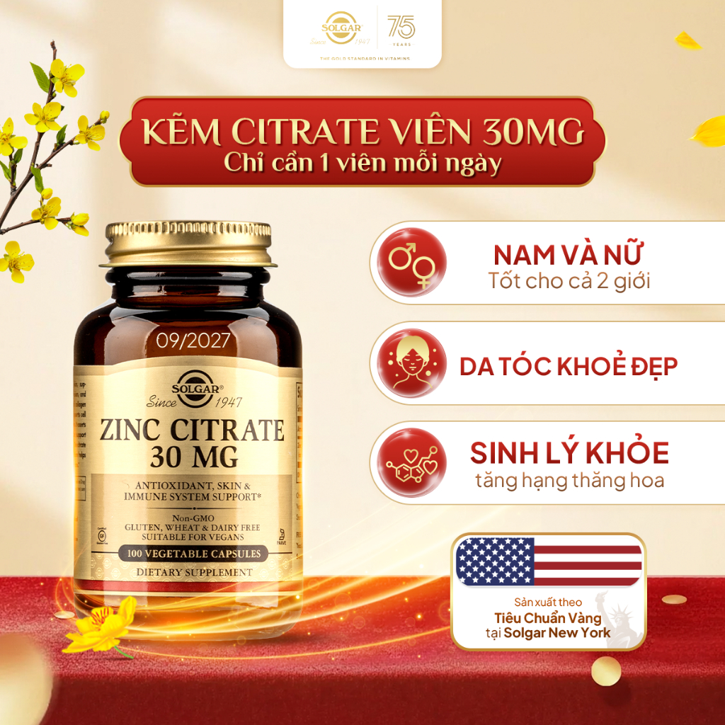 [HSD 08/2027]_Viên Uống Solgar Zinc Kẽm Citrate 30Mg -  Bổ Sung Kẽm Chăm Sóc Sức Khỏe Phái Nam [Lọ 100 Viên]