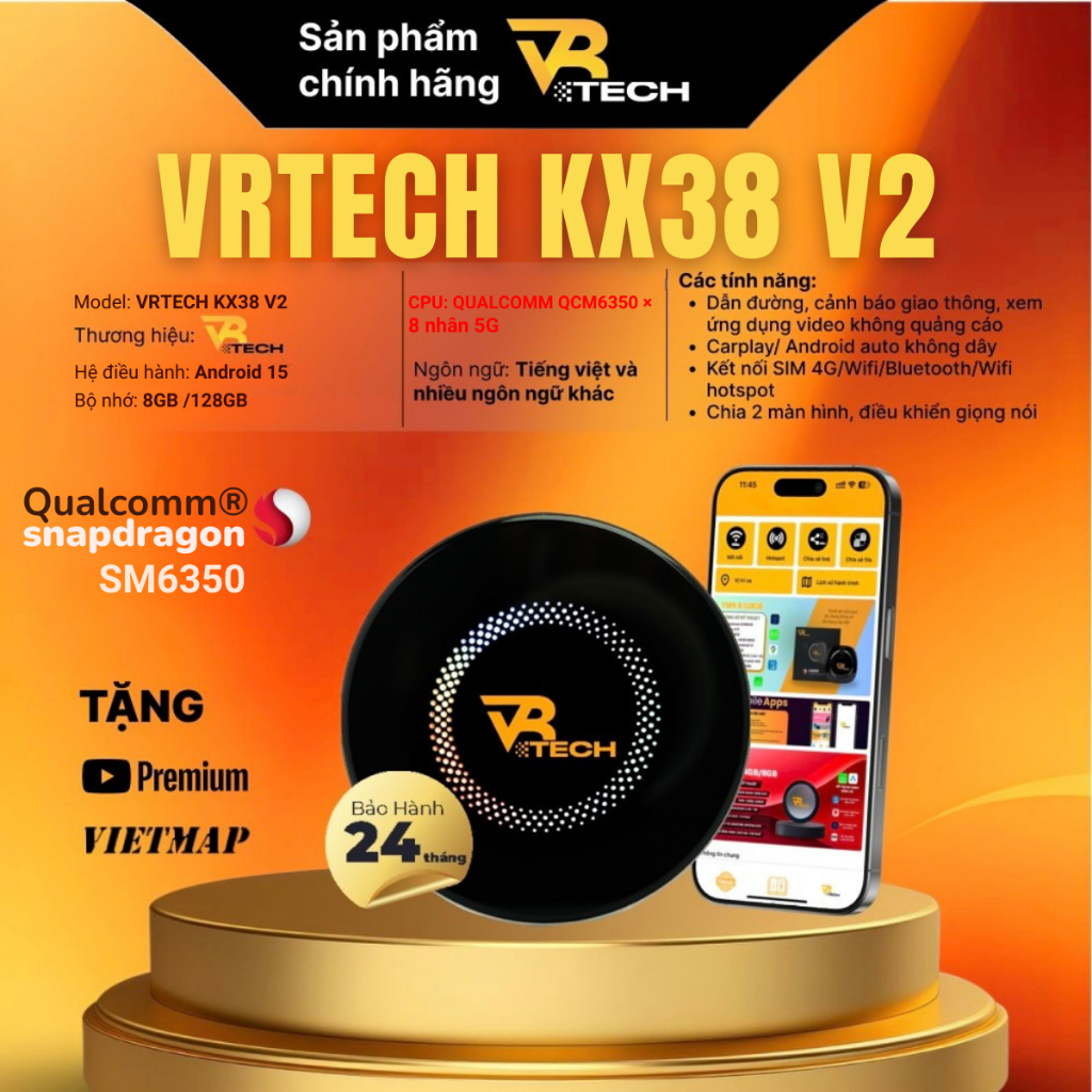 Android Box Ô Tô 2026 Chính Hãng VRTECH KX-38 Pro V2 FLAGSHIP Qualcomm 6350, Android 15,Cao Cấp, Vietmap Live,Carplay | BigBuy360 - bigbuy360.vn