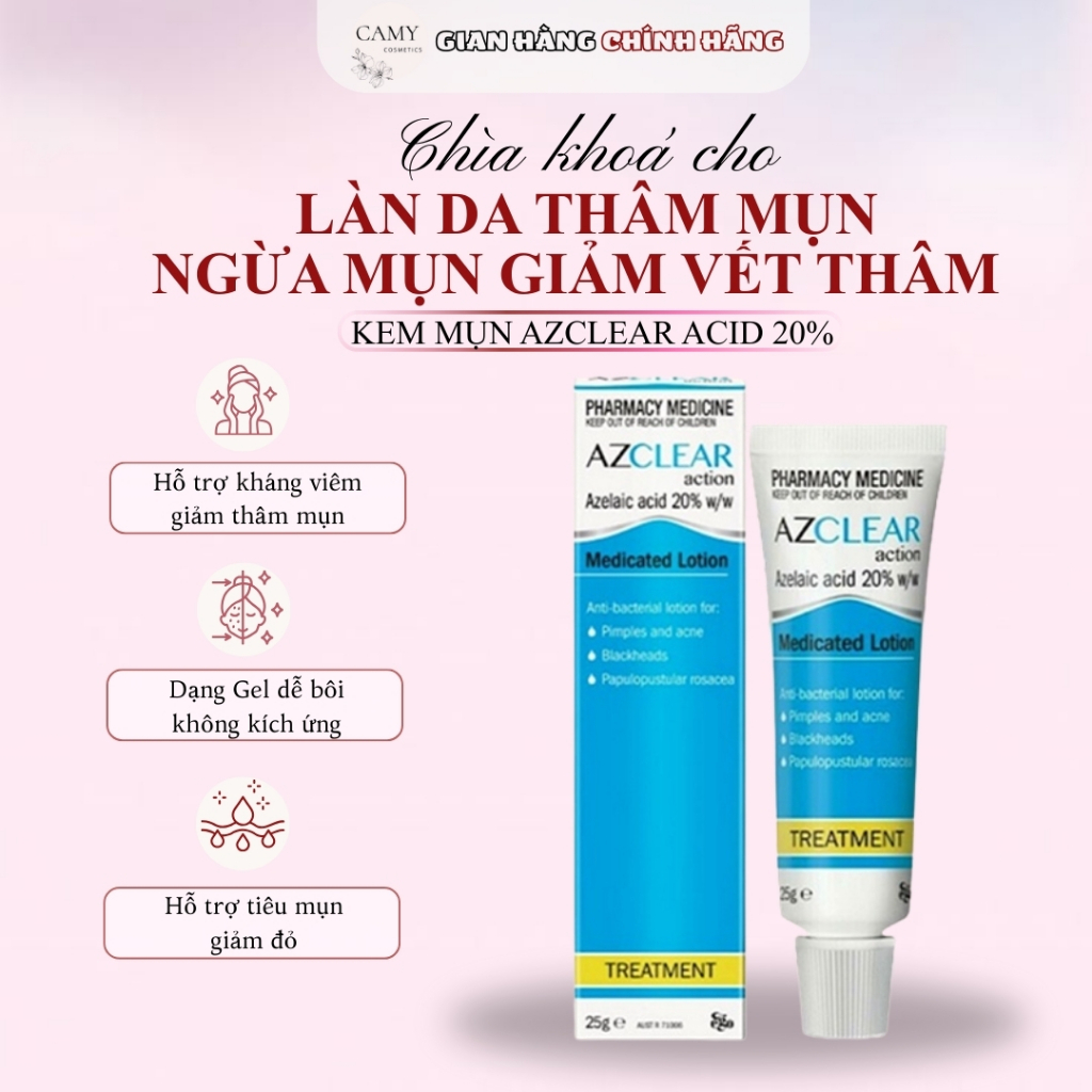 Kem giảm mụn mờ thâm Azclear 20% Azelaic Acid 25g – Làm dịu da, thông thoáng lỗ chân lông