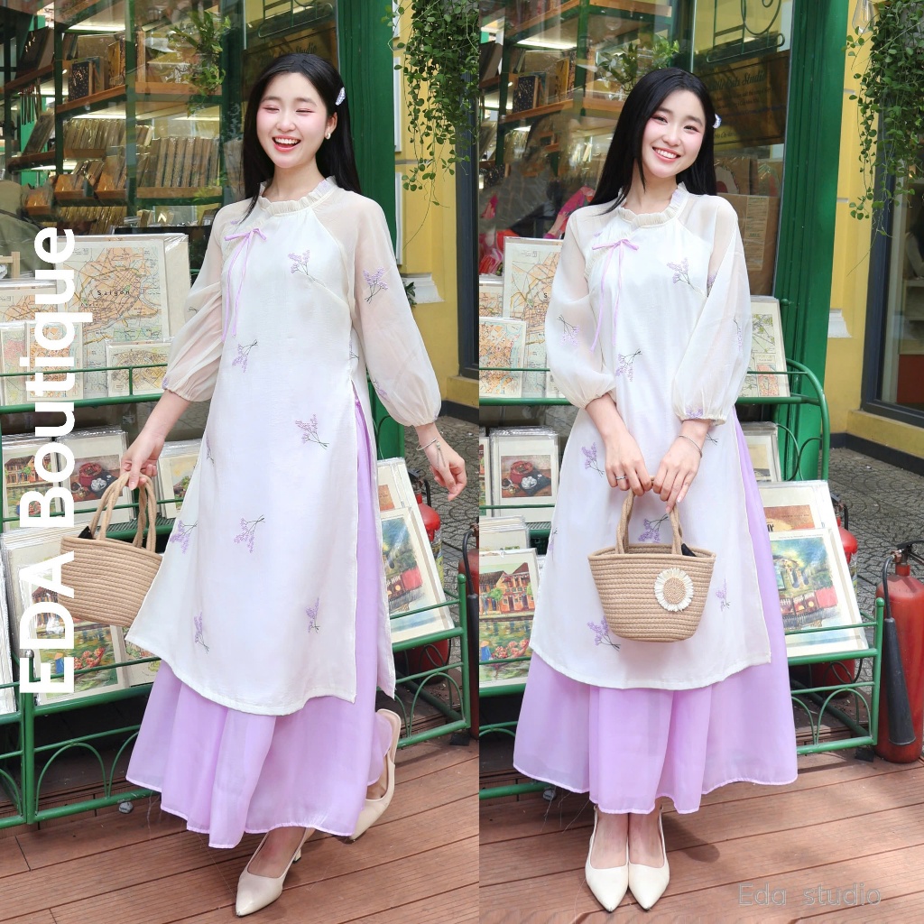 EDA - Áo Dài Cách Tân Nữ Mặc Tết Vải Hoa Thêu Nhẹ Phối Chân Váy Xòe Dáng Dài Tay Phồng Thanh Lịch