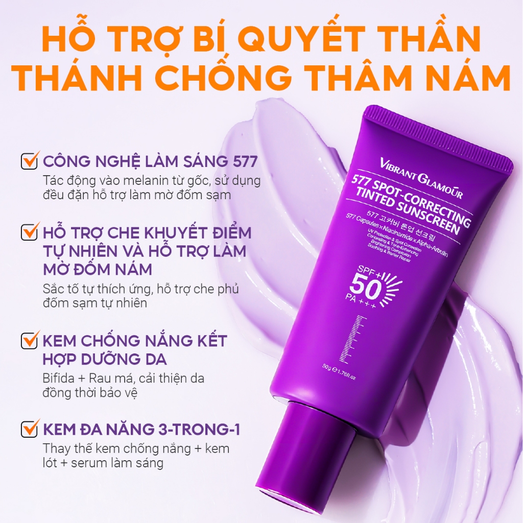 VIBRANT GLAMOUR Kem Chống Nắng 577 SPF50+ PA+++ Nâng Tông 577 Hỗ Trợ Bảo Vệ Chống Thâm Nám Che Phủ L