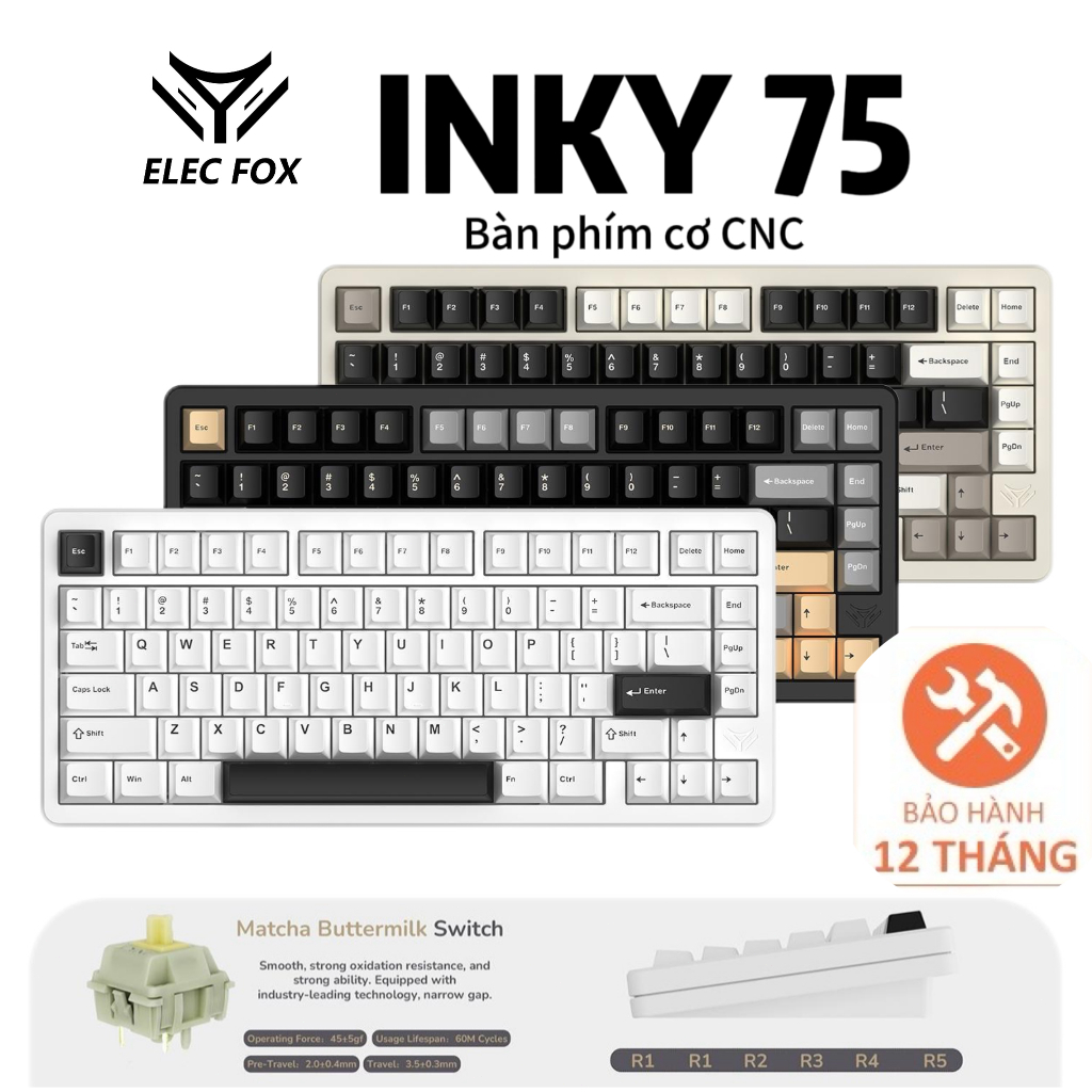 Bàn phím cơ ELECFOX INKY75  CNC  không dây 3 mode - Mạch Xuôi - Hỗ trợ hotswap 5 pin - LED RGB - Có 