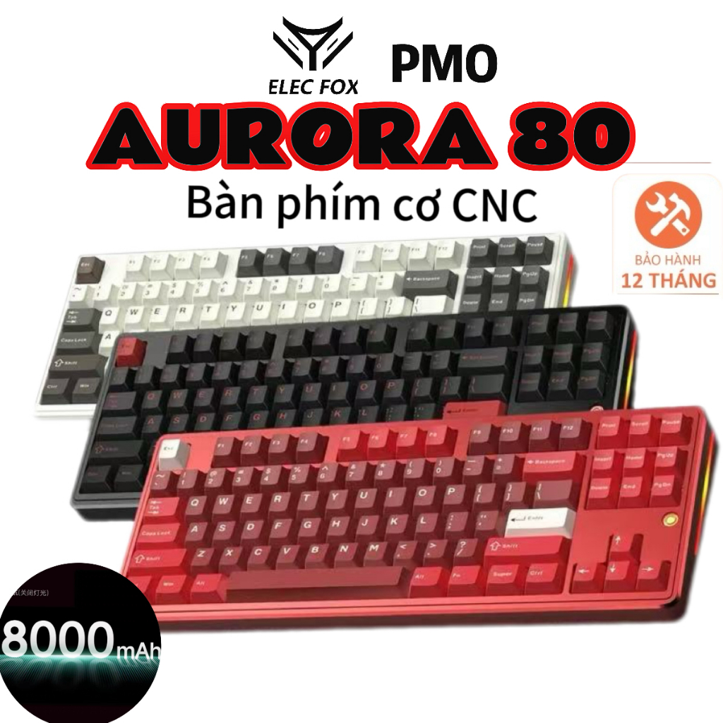 Bàn Phím Cơ Prebuild PMO Aurora 80 TKL 87 Phím Nhôm CNC 3 Chế Độ Kết Nối Gasket Mount RGB Aurora 12 