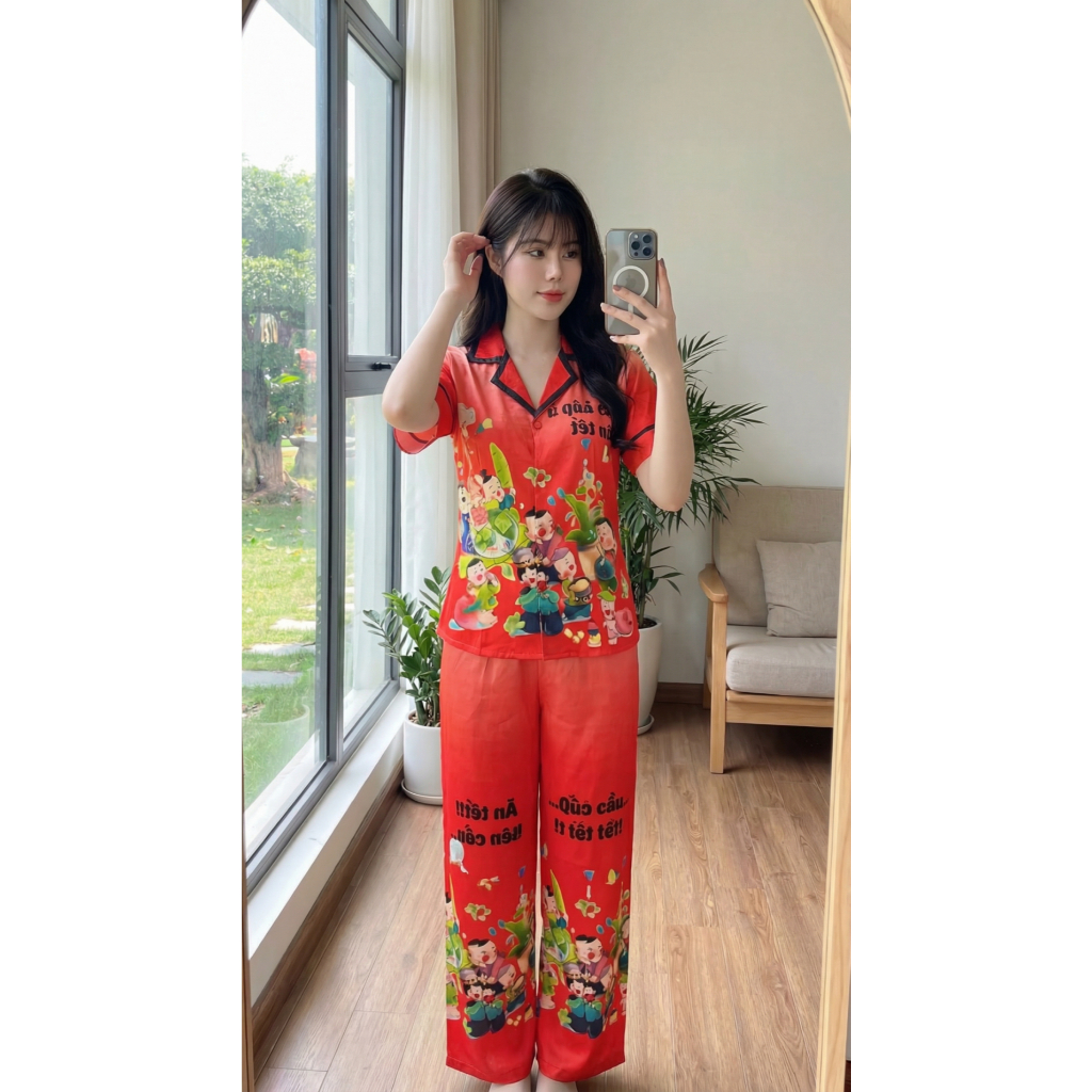 Bộ Pijama Concept Tết Z5 Kim Thanh - Lụa Latin Short Bông Tay Ngắn Quần Dài Mát Mịn Size 40-72kg | BigBuy360 - bigbuy360.vn