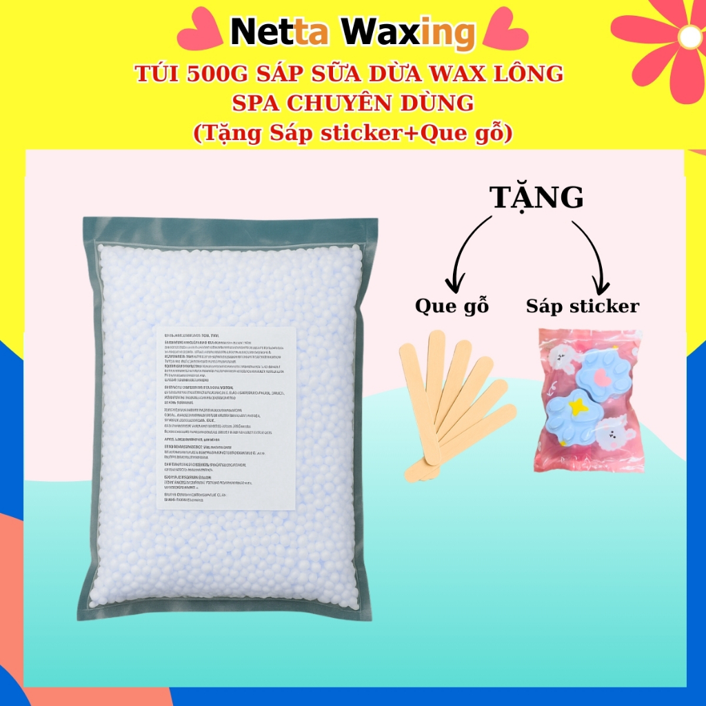 Túi 500g Sáp Wax Lông Sữa Dừa + 25 Que gỗ- Sáp thơm, wax tay chân, râu nam, ria mép, bi.ki.ni