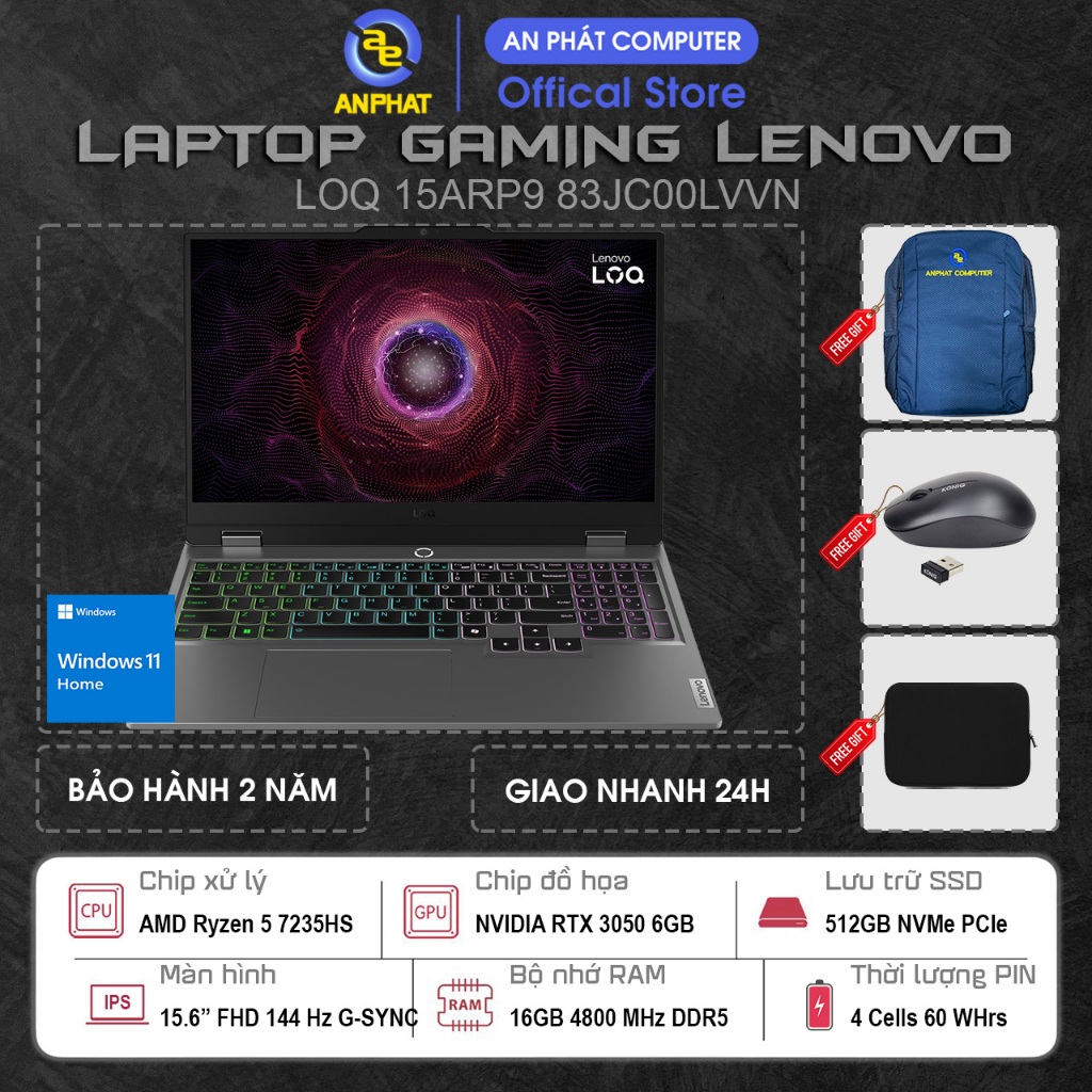 Laptop Lenovo LOQ 15ARP9, Ryzen 5 7235HS, RTX 3050 6GB, 16GB RAM, 512GB SSD, 15.6 FHD 144Hz, Win11
