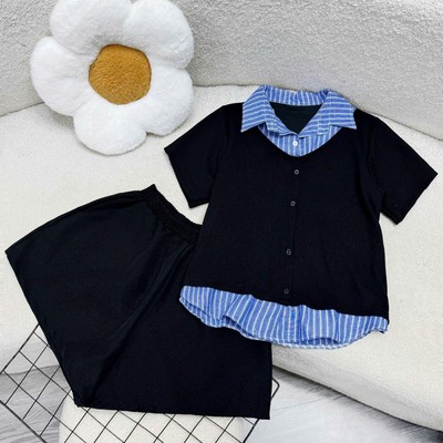 Set Bộ Bigsize Nữ Áo Thun Phối Cổ Sơ Mi Thanh Lịch Kèm Quần Đùi Vải Tây Thoải Mái A338+Q500/Q514