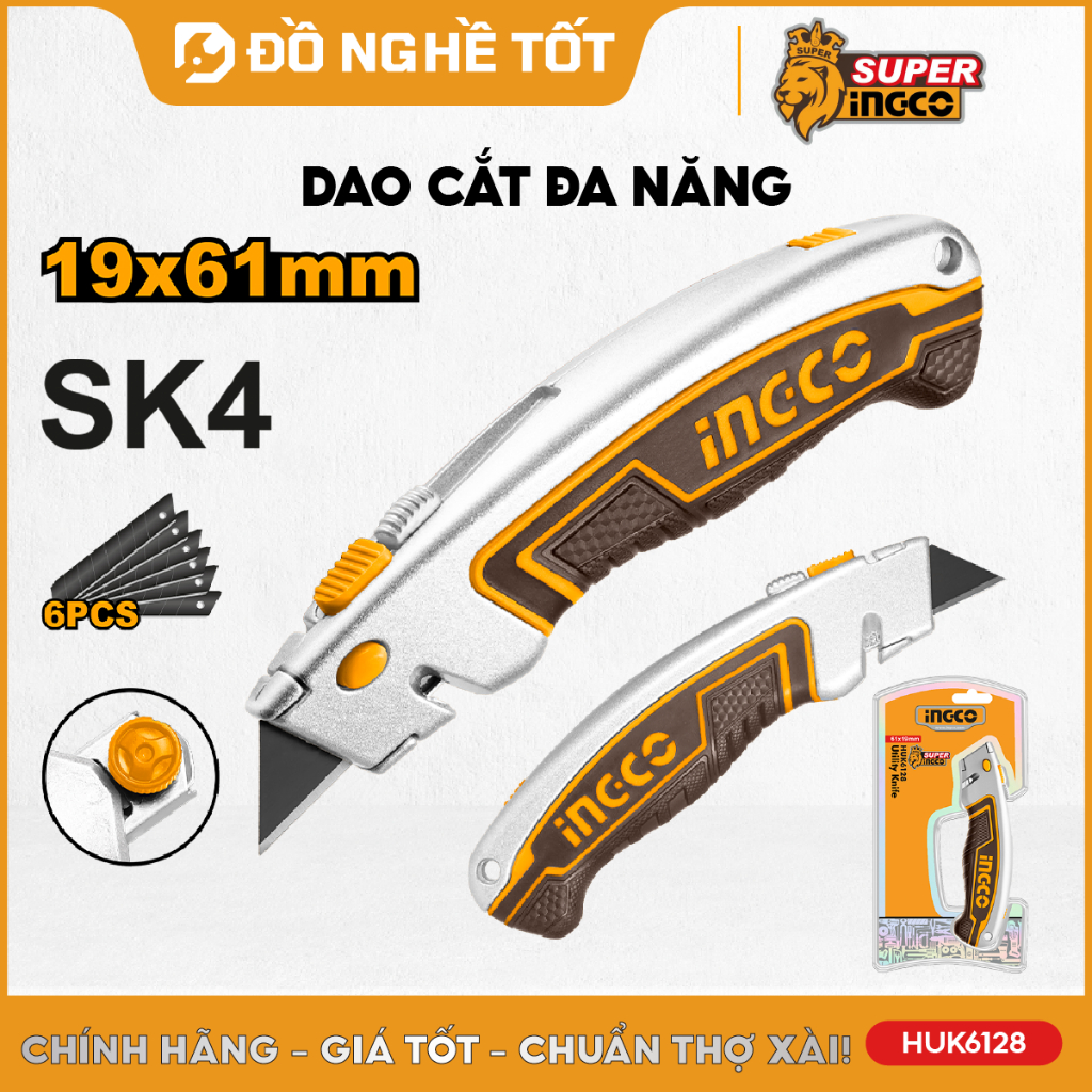 Dao rọc giấy cao cấp INGCO HUK6128, cắt giấy, bìa carton, alu, cắt dây điện, rọc cáp điện | 20 lưỡi HUKB61001 thay thế