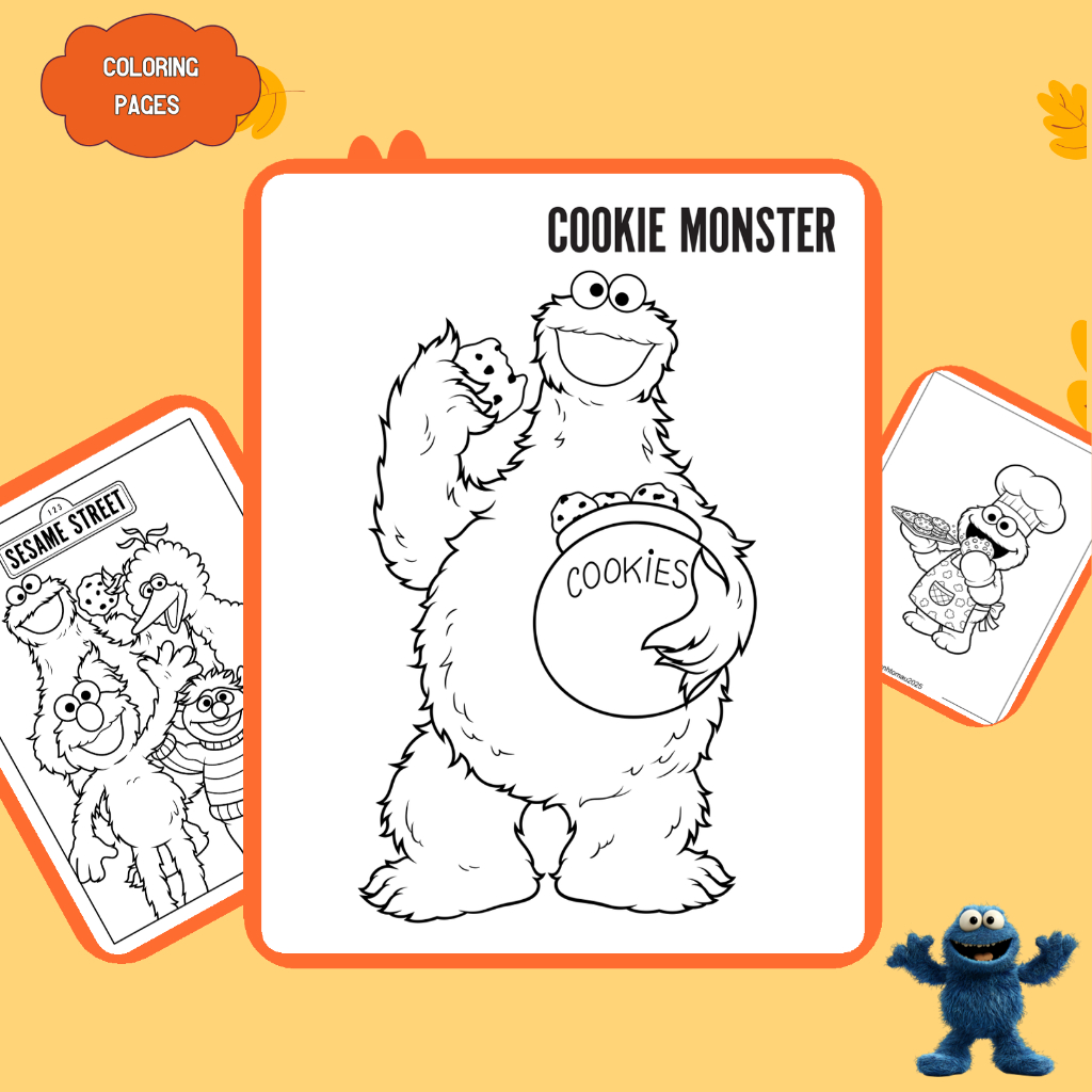 Bộ 50/25/10 tờ tranh tô màu, tranh tập tô cho bé, hình Quái vật Bánh quy Cookie Monster, giấy A4, A5