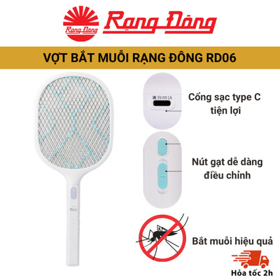 Vợt bắt muỗi điện tử Rạng Đông RD06 2IN1 bắt côn trùng, có đèn báo sạc pin, lưới vợt thiết kế 3 lớp tiêu diệt muỗi nhanh