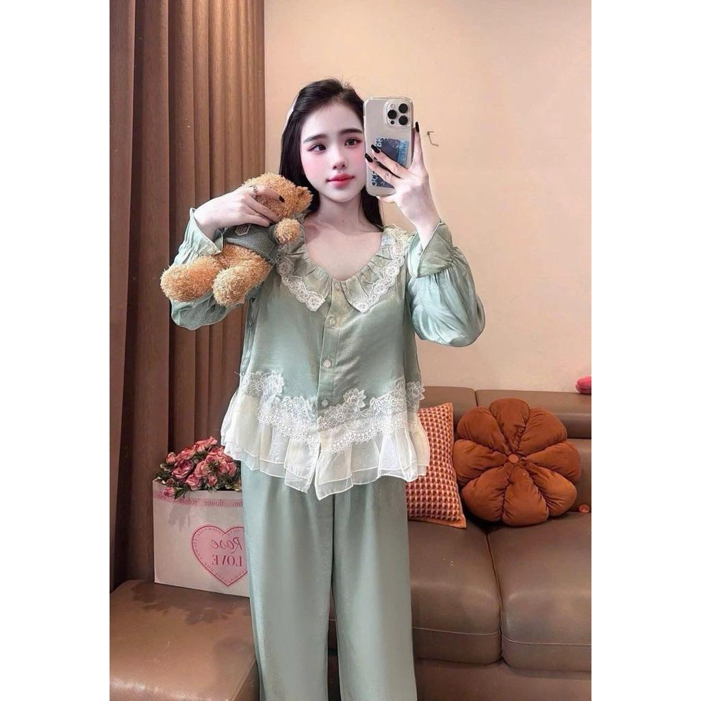 [𝐑𝐞̉ 𝐯𝐨̂ đ𝐢̣𝐜𝐡] Sét bộ pijama tay dài thiết kế mềm mịn lụa latin (freesoze 40-60kg)