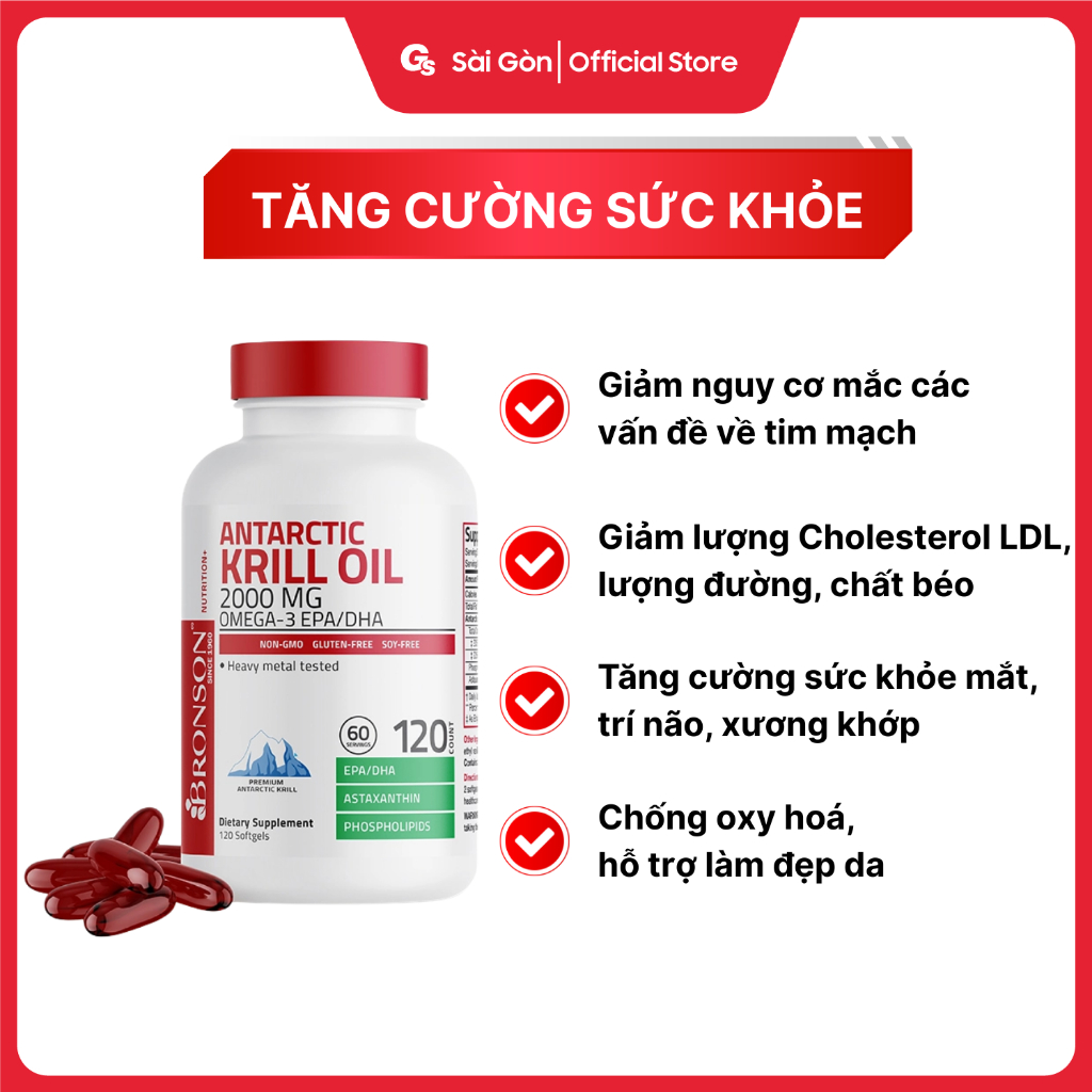 Dầu nhuyễn thể Bronson Antarctic Krill Oil Omega-3 EPA/DHA, 2000 mg, hỗ trợ sức khỏe - Gymstore