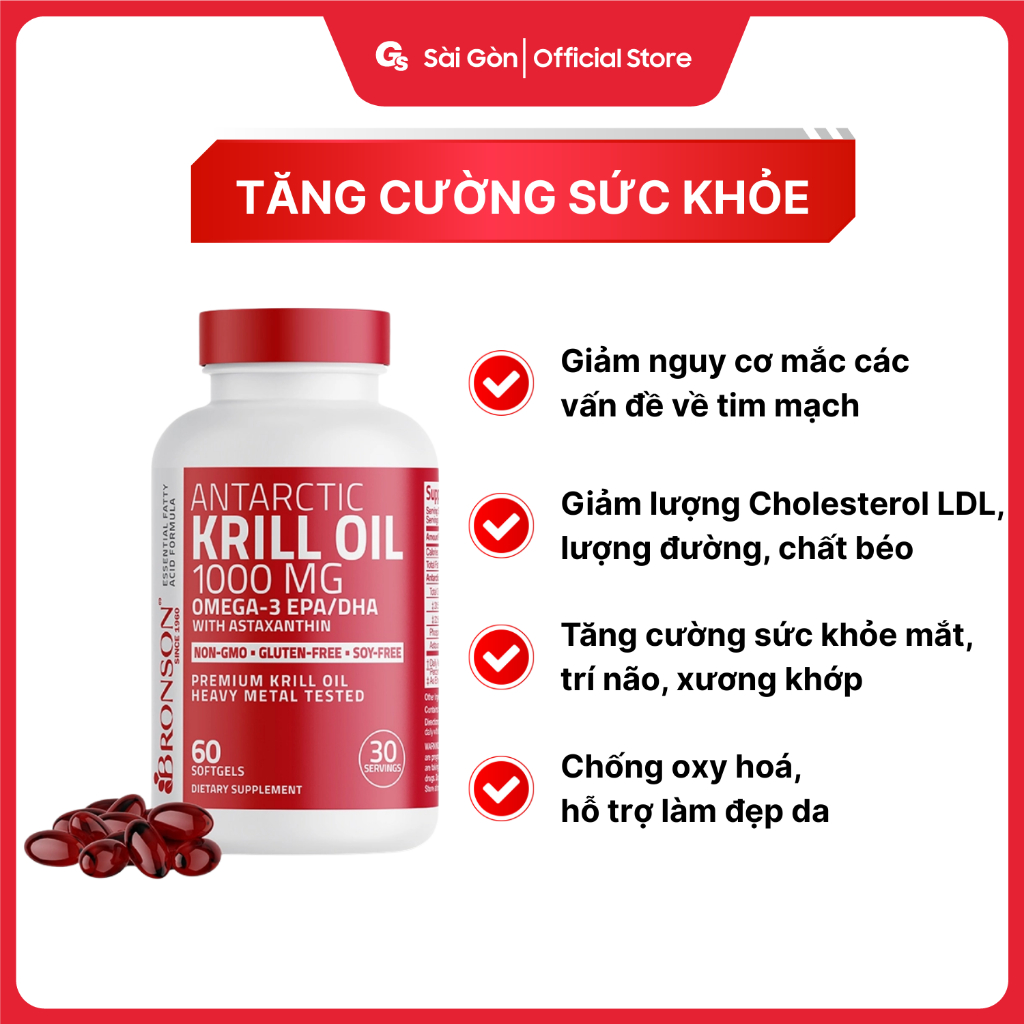 Dầu nhuyễn thể Bronson Antarctic Krill Oil with Omega-3 EPA/DHA, 1000 mg, hỗ trợ sức khỏe - Gymstore