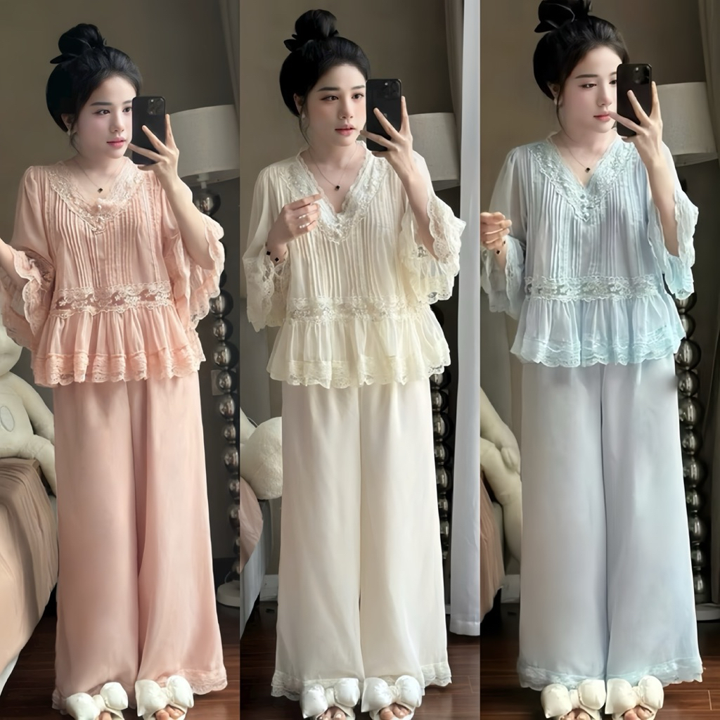 TP20 Pyjama Đồ Ngủ Mặc Nhà Voan 2 Lớp Xếp Ly Cao Cấp EMMA