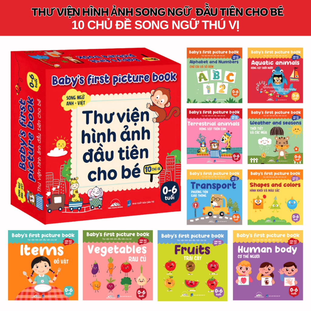 Sách - Thư Viện Hình Ảnh Đầu Tiên Cho Bé - Bộ Hộp 10 Chủ Đề Song Ngữ Việt Anh Cho Bé 0-6 Tuổi