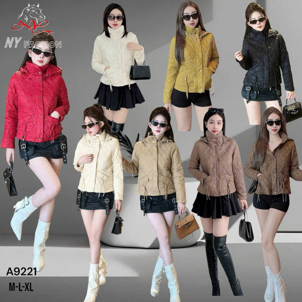 P9221 - Áo phao nữ, áo khoác phao nữ có mũ trần bông trám nhỏ, túi phối dâu rút hàng cao cấp NY Fass