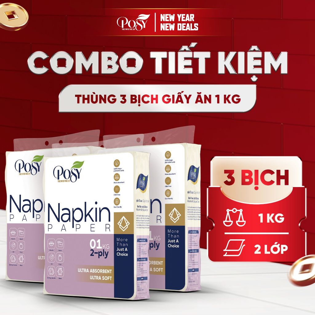 DEAL HỊN -Thùng 3 bịch giấy ăn vuông POSY 1 kg, 2 lớp,siêu dai, thấm hút tốt, an toàn cho da kích th
