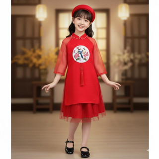 [Hàng NEW Thiết Kế] Áo dài cách tân cho bé gái bộ 3 chi tiết tay ren nhũ cổ đính trai chất gấm chéo Hàn cao cấp