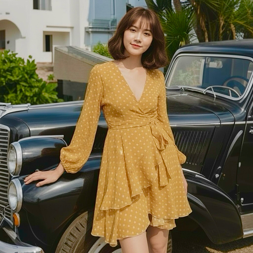 Đầm bi vàng cam tay dài tùng 2 tầng, váy vintage công chúa (kèm hình thật)