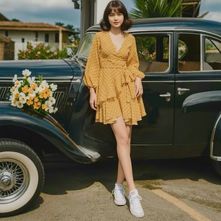 Đầm bi vàng cam tay dài tùng 2 tầng, váy vintage công chúa (kèm hình thật)