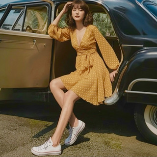 Đầm bi vàng cam tay dài tùng 2 tầng, váy vintage công chúa (kèm hình thật)